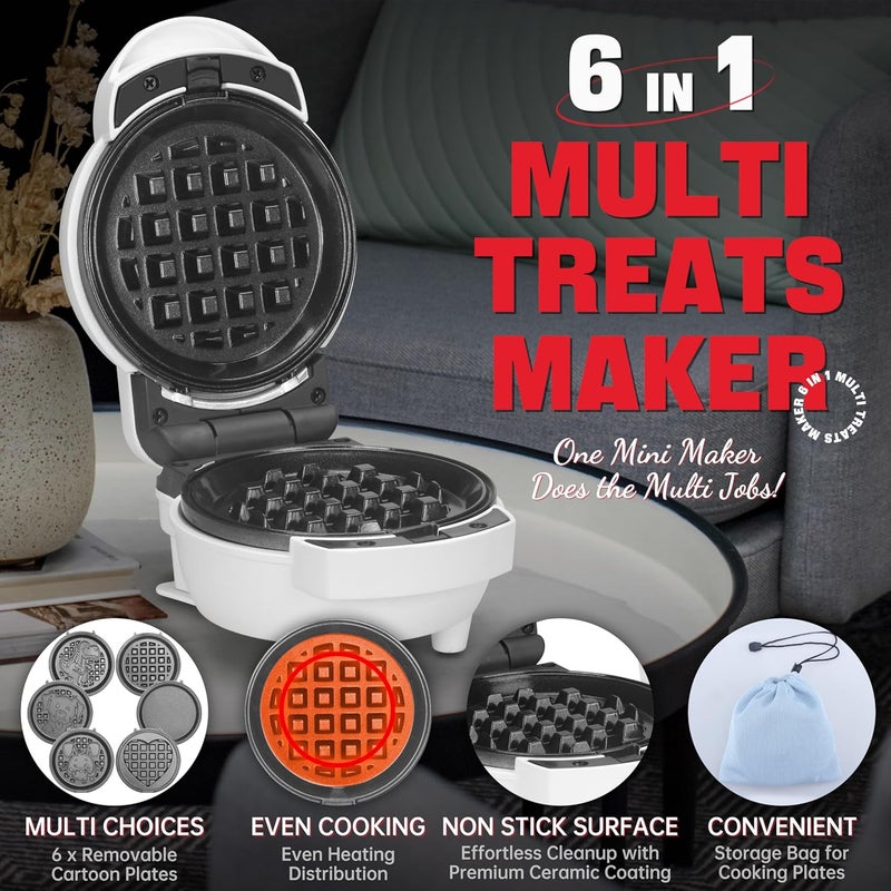 SugarWhisk 6-in-1 Mini Waffle Maker With Removable Plates, 4.5'' Mini Waffle Iron for Holidays, Parties & Events Waffle Maker Machine, 8 Plates with Premium Ceramic Coating, White - Image 2