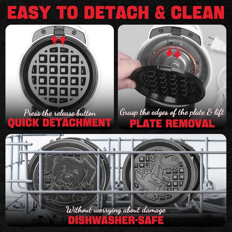 SugarWhisk 6-in-1 Mini Waffle Maker With Removable Plates, 4.5'' Mini Waffle Iron for Holidays, Parties & Events Waffle Maker Machine, 8 Plates with Premium Ceramic Coating, White - Image 4