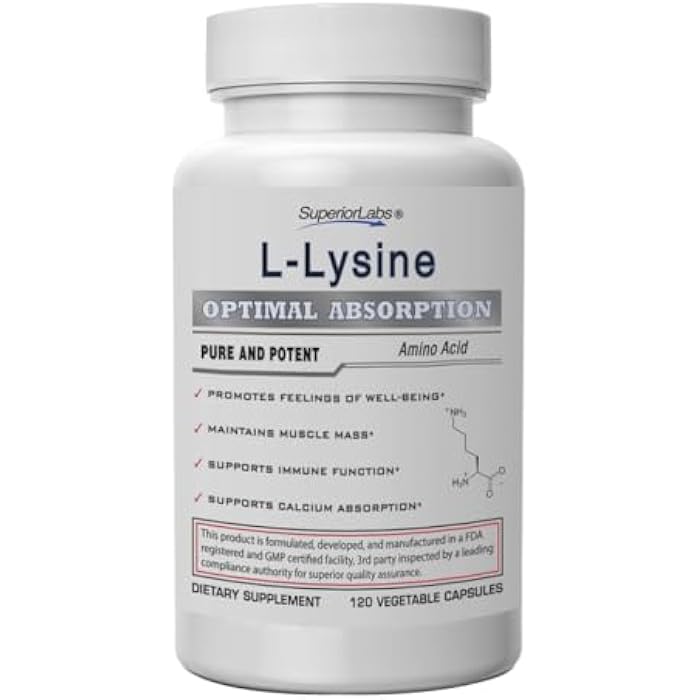Superior Labs L-Lysine 500 mg Capsules, Pure Non-GMO, Third-Party Tested, No Fillers, Gluten Free, Supports Immune System, Promotes Calcium Absorption, 120 Caps - Image 1