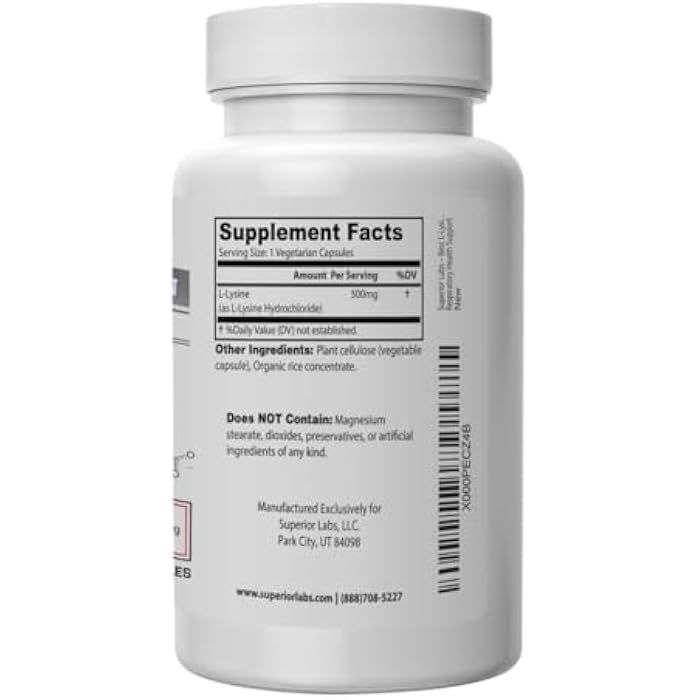 Superior Labs L-Lysine 500 mg Capsules, Pure Non-GMO, Third-Party Tested, No Fillers, Gluten Free, Supports Immune System, Promotes Calcium Absorption, 120 Caps - Image 3