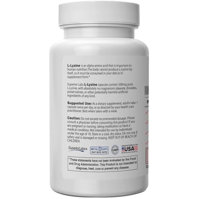 Superior Labs L-Lysine 500 mg Capsules, Pure Non-GMO, Third-Party Tested, No Fillers, Gluten Free, Supports Immune System, Promotes Calcium Absorption, 120 Caps - Image 2