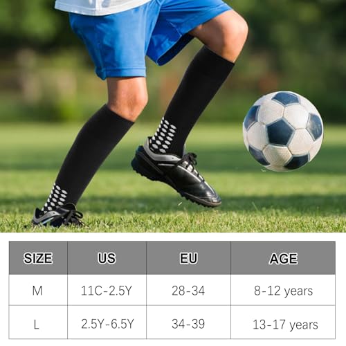 Regilt 3 Pairs Kids Youth Grip Soccer Socks, Non Slip Knee High Soccer Football Sport Socks for Boys Girls Age 8-17 (US, Alpha, Large, Regular, Regular, Black/White/Blue) - Image 2