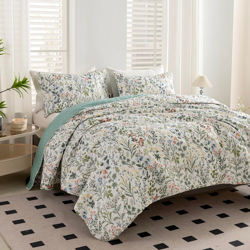 BUPIRD Floral Quilt Set King 3 Pieces Soft Lightweight Microfiber Bedspread Coverlet King Quilt Bedding Set Garden Botanical Floral Printed Quilt Set 1 Quilt and 2 Pillow Shams for All Season - Image 3