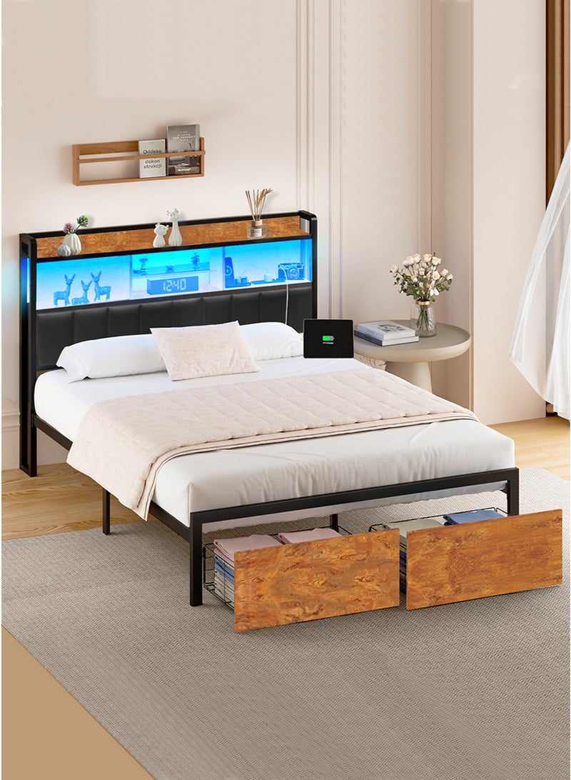 Generic Bed Frame Queen Size, Storage Headboard with Black Headboard Pillow, 2 Storage Drawers, Charging Station and LED Lights, Non-Slip Without Noise, No Box Spring Needed 180*200cm  - Image 1