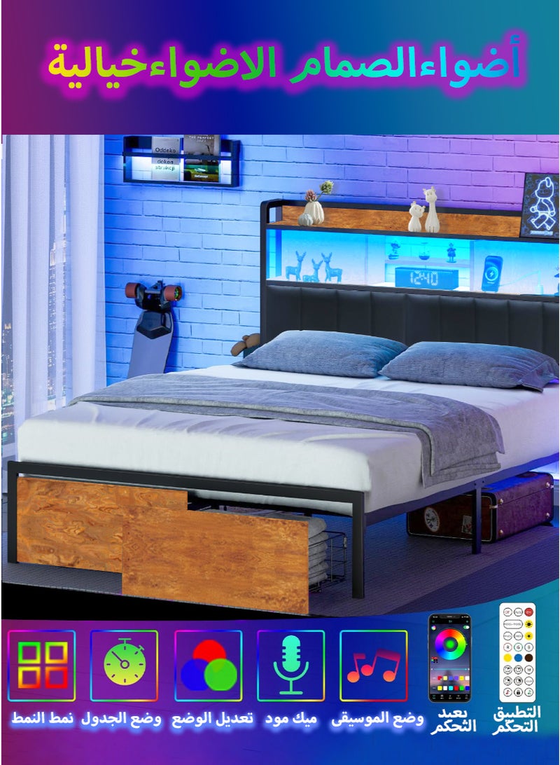 Generic Bed Frame Queen Size, Storage Headboard with Black Headboard Pillow, 2 Storage Drawers, Charging Station and LED Lights, Non-Slip Without Noise, No Box Spring Needed 180*200cm  - Image 3