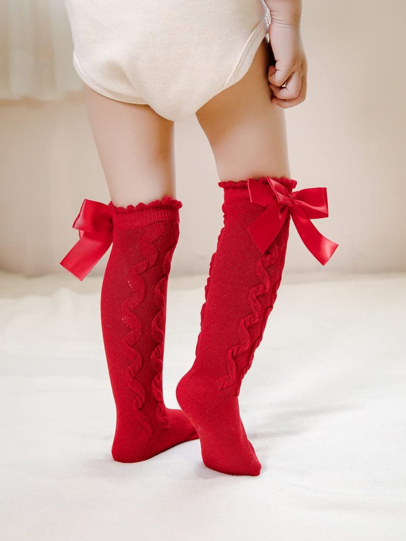 QandSweet Baby Girl Knee-High Socks Toddlers Bow Stockings Newborn Infant Sock (0-12 Months, Cabled Styles) - Image 4