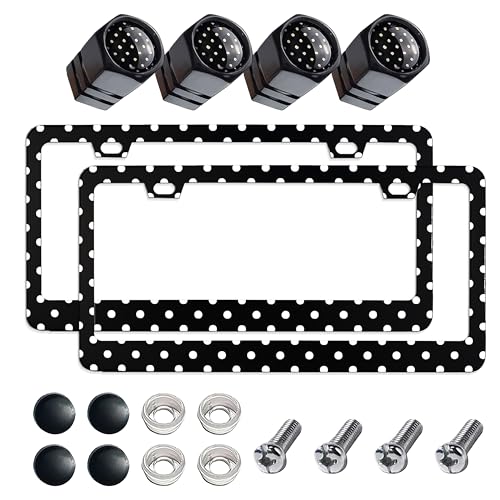 JINGSEN 2Pcs Printed Aluminum Alloy License Plate Frames and 1 Set of Printed Valve CapsSturdy and RustProof Aluminum BracketsUnisex Car License Plate FramesScrews Included Black Spots - Image 1