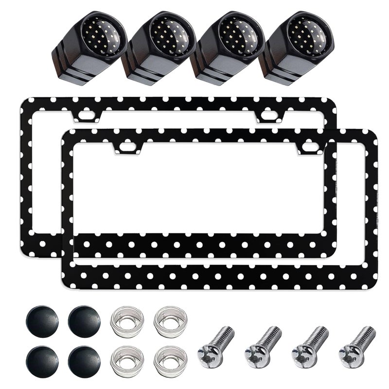 JINGSEN 2Pcs Printed Aluminum Alloy License Plate Frames and 1 Set of Printed Valve CapsSturdy and RustProof Aluminum BracketsUnisex Car License Plate FramesScrews Included Black Spots - Image 3