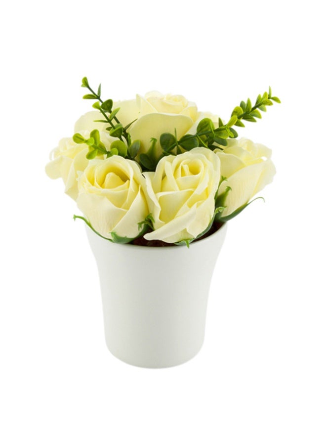 Restaurantware 4 x 6 Inch Soap Flower Petals In Porcelain Pot, 12 Scented Rose Shaped Soaps - 7 Blooms, Gift for Anniversary, Mother's Day, Or Valentine’s Day, Yellow Plastic Rose Soap Petals,  - Image 1
