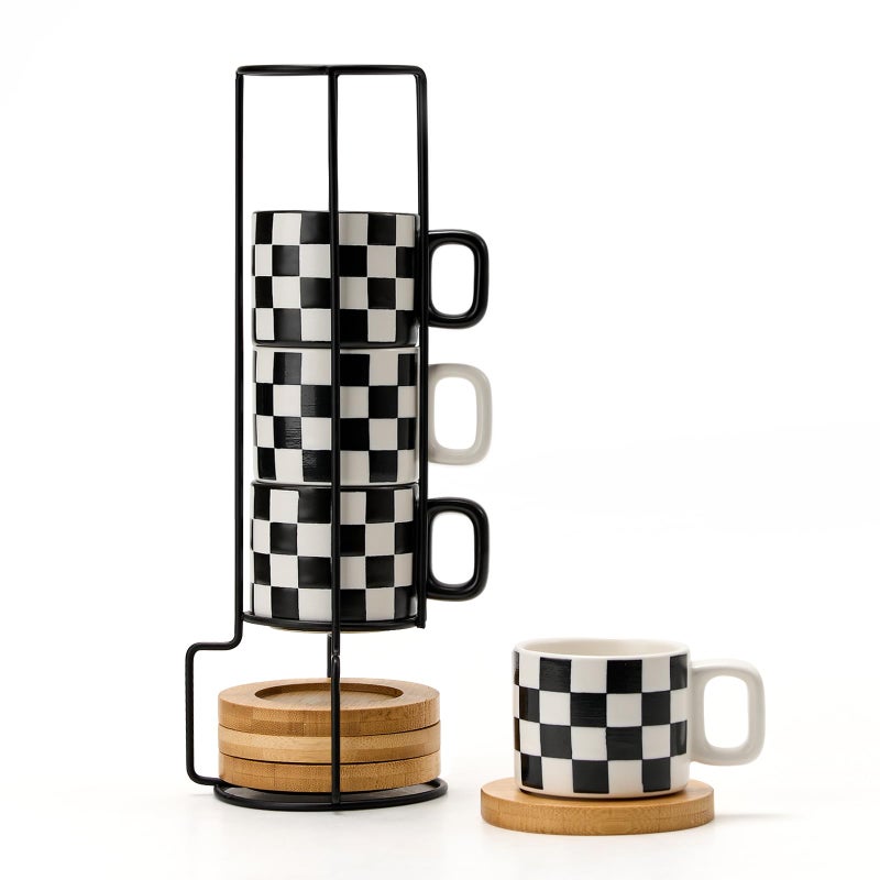 LUKA Porcelain Stackable Black and White Checkered Espresso Cups with Saucers and Metal Stand, 4 Ounce Small Ceramic Demitasse Cups Set for Coffee Drinks, Latte, Tea - Set of 4, Black Interior - Image 1