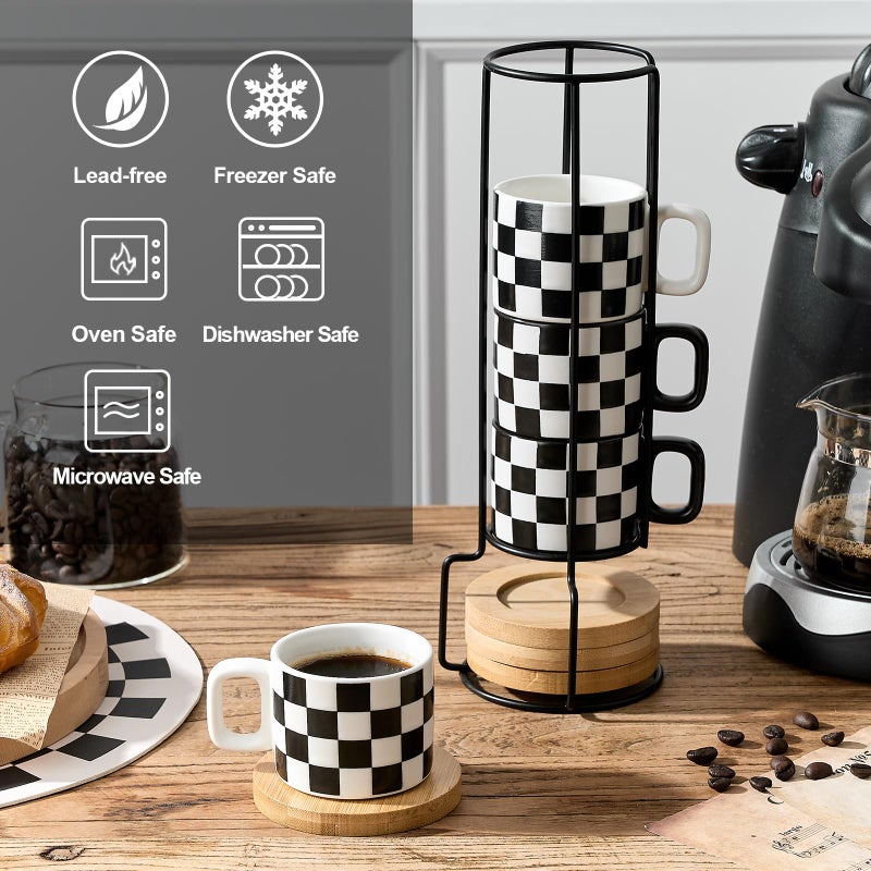 LUKA Porcelain Stackable Black and White Checkered Espresso Cups with Saucers and Metal Stand, 4 Ounce Small Ceramic Demitasse Cups Set for Coffee Drinks, Latte, Tea - Set of 4, Black Interior - Image 4