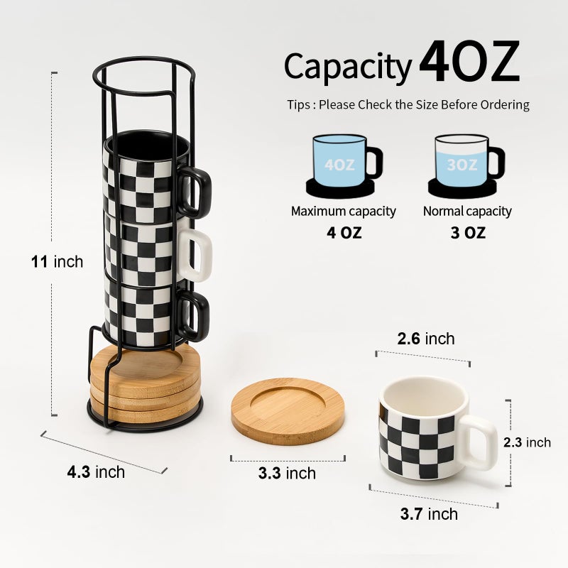 LUKA Porcelain Stackable Black and White Checkered Espresso Cups with Saucers and Metal Stand, 4 Ounce Small Ceramic Demitasse Cups Set for Coffee Drinks, Latte, Tea - Set of 4, Black Interior - Image 2
