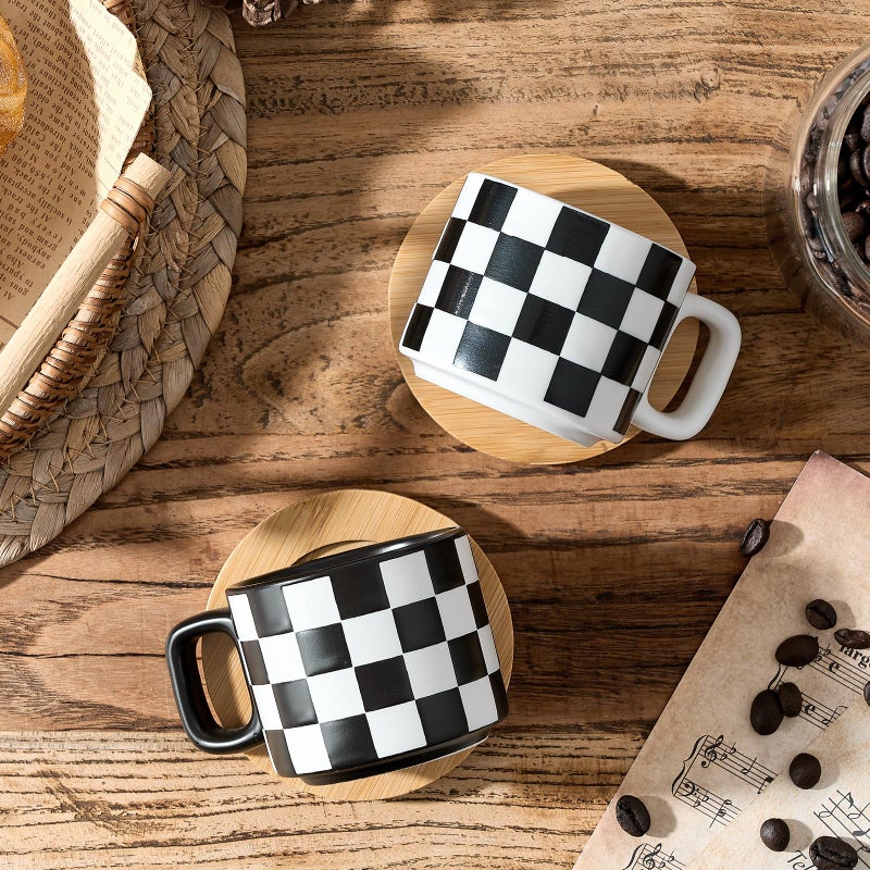 LUKA Porcelain Stackable Black and White Checkered Espresso Cups with Saucers and Metal Stand, 4 Ounce Small Ceramic Demitasse Cups Set for Coffee Drinks, Latte, Tea - Set of 4, Black Interior - Image 5