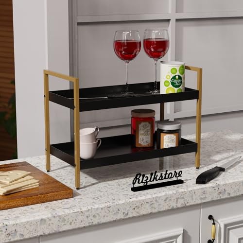 RIZIK STORE® 2-Tier Multipurpose Countertop Organizer Rack – Metal Standing Shelf for Kitchen, Bathroom, Dressing Table – Spice Rack, Vanity Tray, Makeup Organizer (Black Gold) - Image 5
