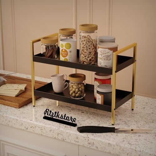 RIZIK STORE® 2-Tier Multipurpose Countertop Organizer Rack – Metal Standing Shelf for Kitchen, Bathroom, Dressing Table – Spice Rack, Vanity Tray, Makeup Organizer (Black Gold) - Image 4