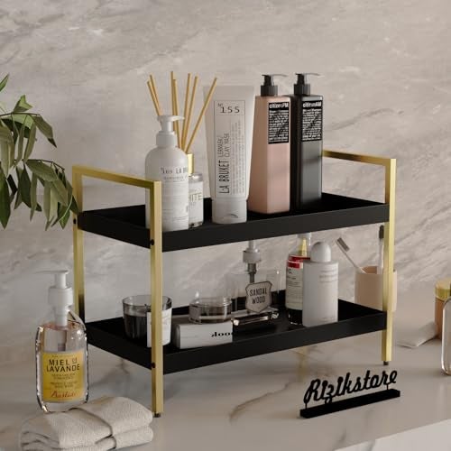 RIZIK STORE® 2-Tier Multipurpose Countertop Organizer Rack – Metal Standing Shelf for Kitchen, Bathroom, Dressing Table – Spice Rack, Vanity Tray, Makeup Organizer (Black Gold) - Image 2