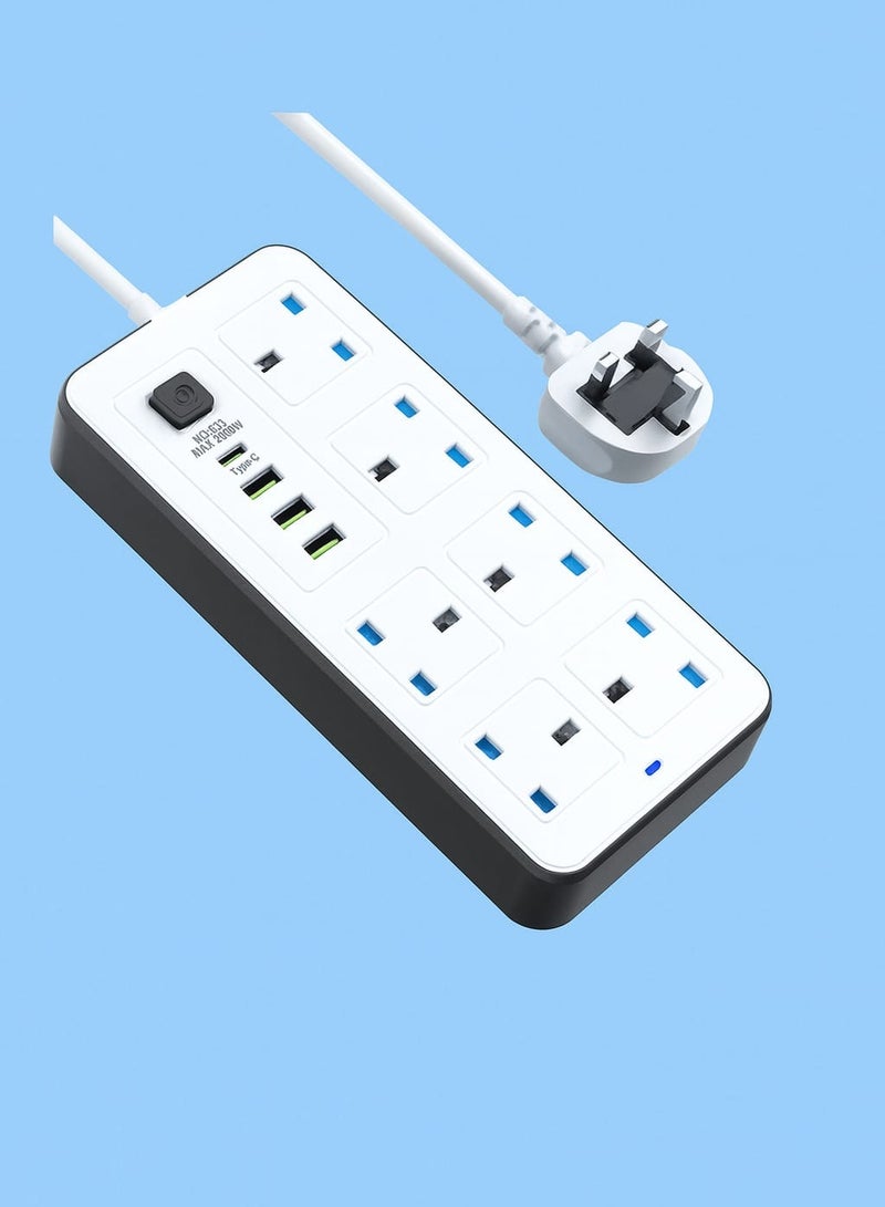 باور ماكس سلك تمديد PowerMax 6 شرائط مقابس طاقة مضادة للكهرباء الساكنة بطول 5 أمتار، محول قابس عالمي 6 مقابس مع كابل تمديد جريء بطول 5 أمتار مع 3 منافذ USB ولوحة تمديد طاقة 1PD، كابل تمديد، مقبس تمديد للمنزل والمكتب والمطبخ والسفر والمزيد ((5 أمتار))