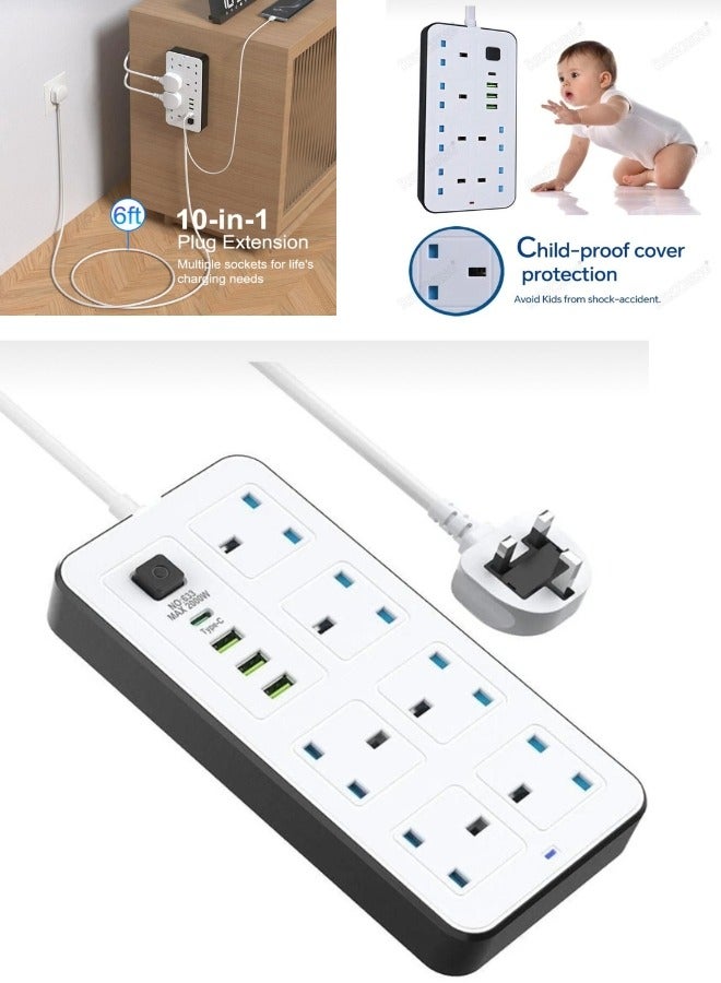 سلك تمديد PowerMax 6 شرائط مقابس طاقة مضادة للكهرباء الساكنة بطول 5 أمتار، محول قابس عالمي 6 مقابس مع كابل تمديد جريء بطول 5 أمتار مع 3 منافذ USB ولوحة تمديد طاقة 1PD، كابل تمديد، مقبس تمديد للمنزل والمكتب والمطبخ والسفر والمزيد ((5 أمتار)) - Image 1