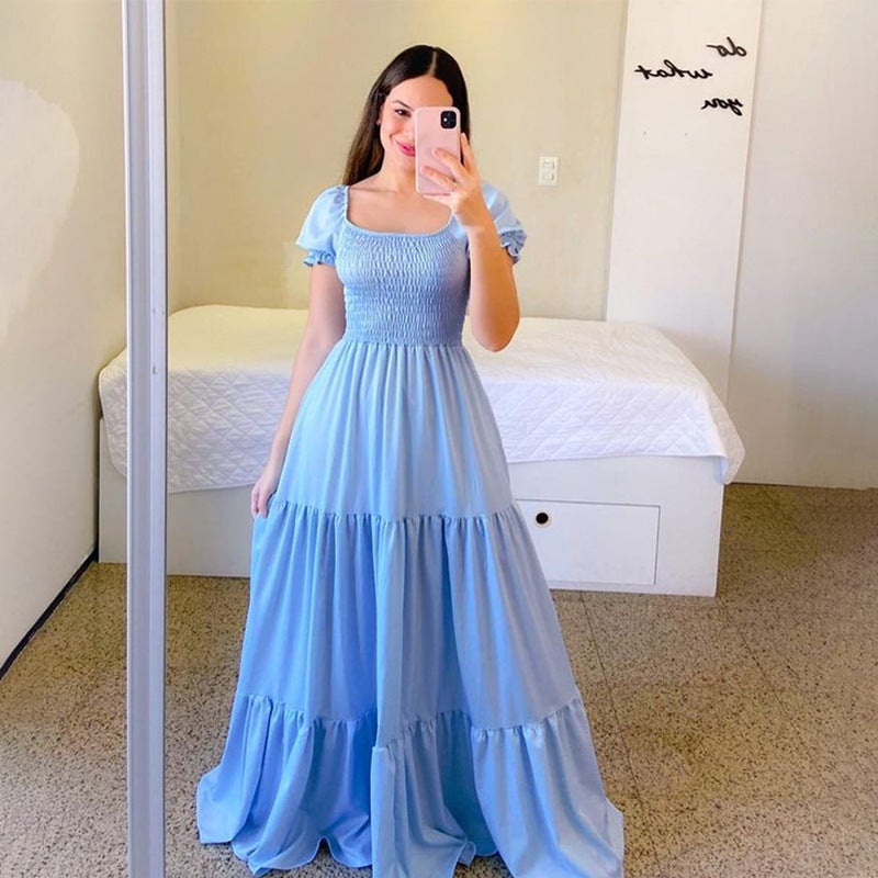 2025 cross-border new spring and summer European and American womens dress off-shoulder floral off-shoulder long color fairy skirt Sky blue - Image 1