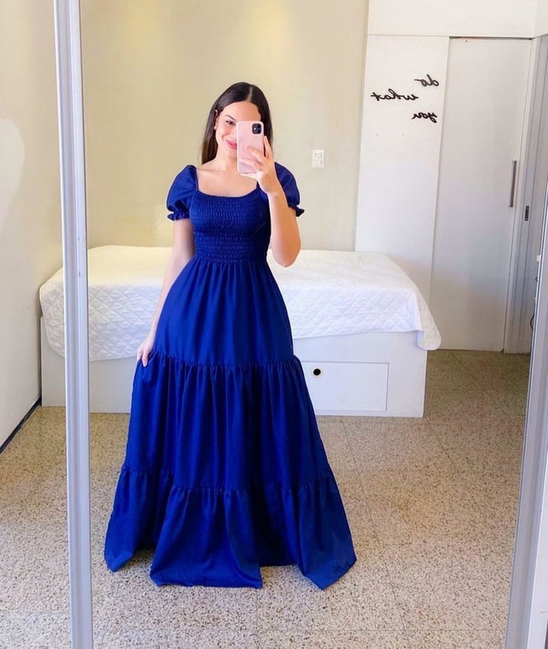 2025 cross-border new spring and summer European and American womens dress off-shoulder floral off-shoulder long color fairy skirt Sky blue - Image 5