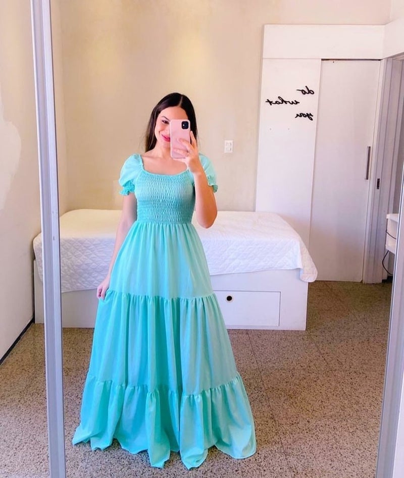 2025 cross-border new spring and summer European and American womens dress off-shoulder floral off-shoulder long color fairy skirt Sky blue - Image 4