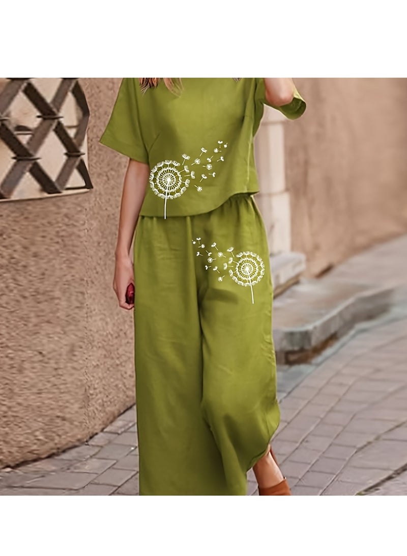 Women's sleepwear, bohemian dandelion print loose-fitting pajama set, casual short-sleeved crew neck top and wide-leg cropped pants  - Image 1