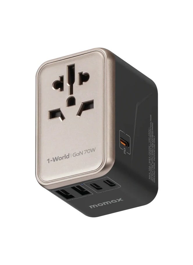 Momax MOMAX TRAVEL ADAPTER UA8A 1-World 65W GaN 5 Ports + Multi Plug Travel Adapter Multi Volt 100-250V USB-C / USB-A - TITANIUM CHROMA  - Image 1