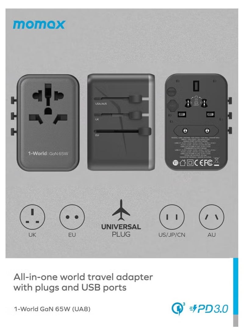 Momax MOMAX TRAVEL ADAPTER UA8A 1-World 65W GaN 5 Ports + Multi Plug Travel Adapter Multi Volt 100-250V USB-C / USB-A - TITANIUM CHROMA  - Image 3