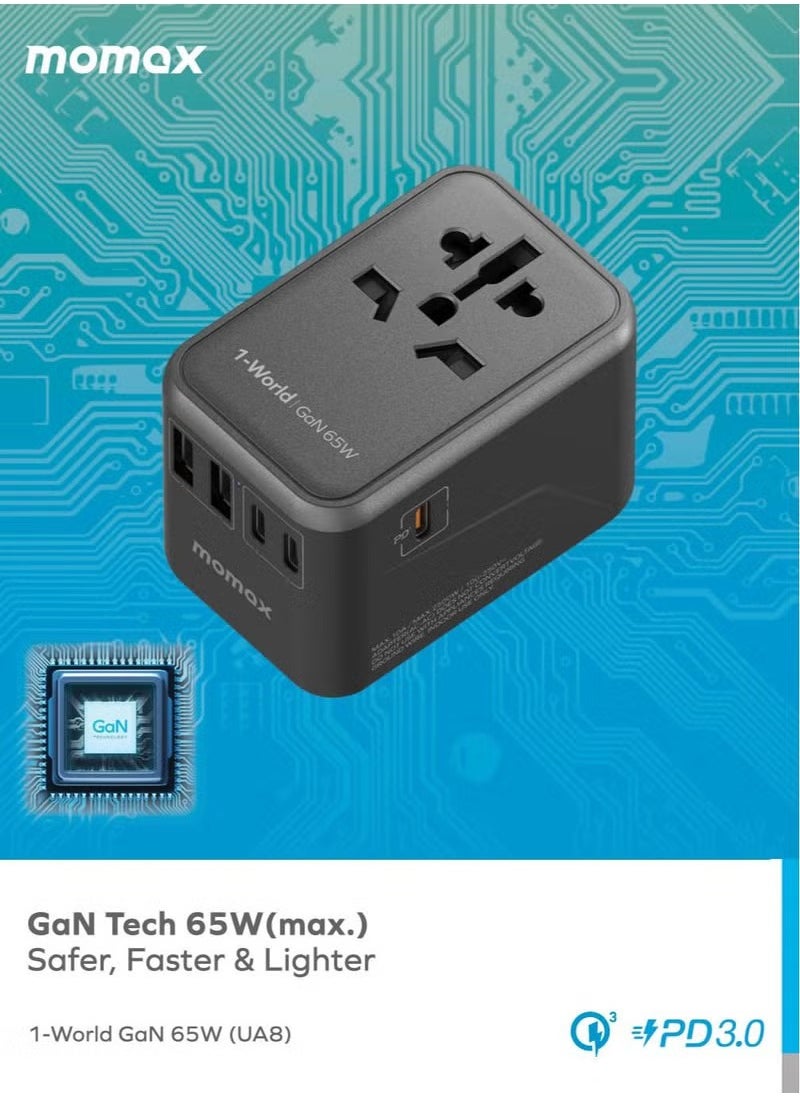 Momax MOMAX TRAVEL ADAPTER UA8A 1-World 65W GaN 5 Ports + Multi Plug Travel Adapter Multi Volt 100-250V USB-C / USB-A - TITANIUM CHROMA  - Image 2
