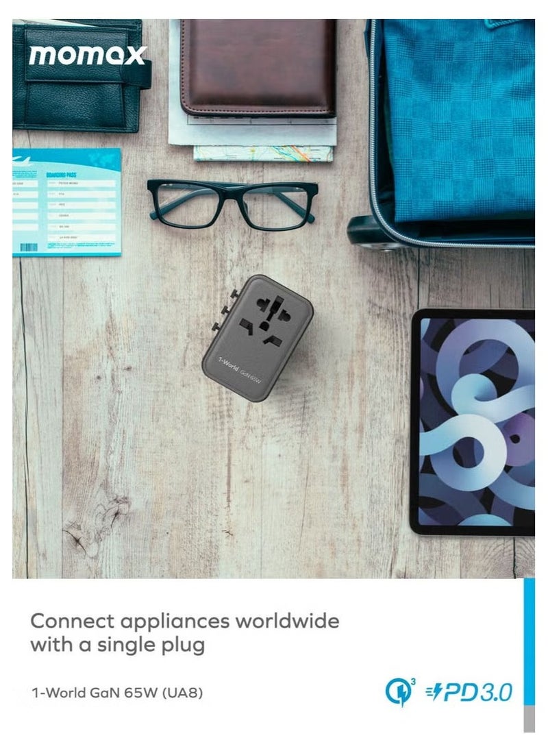 Momax MOMAX TRAVEL ADAPTER UA8A 1-World 65W GaN 5 Ports + Multi Plug Travel Adapter Multi Volt 100-250V USB-C / USB-A - TITANIUM CHROMA  - Image 4