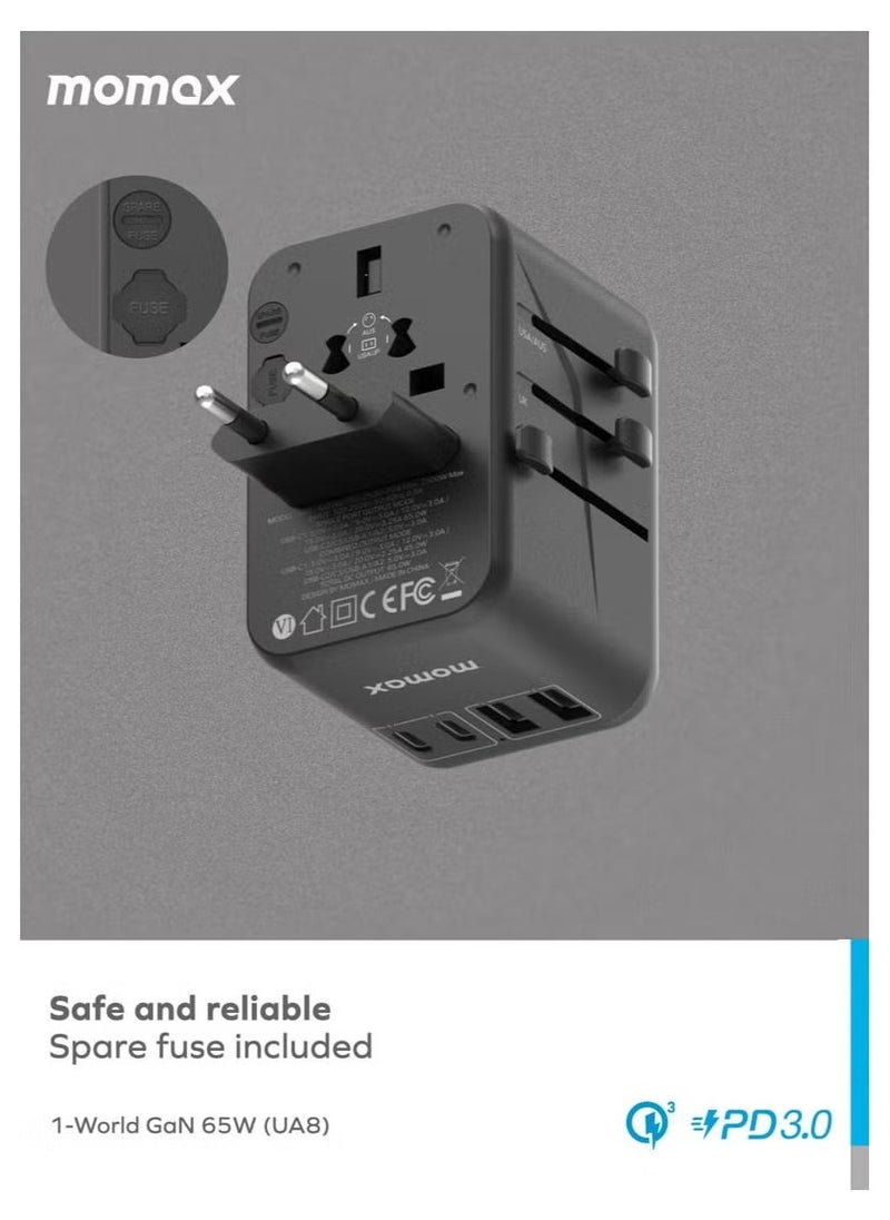 Momax MOMAX TRAVEL ADAPTER UA8A 1-World 65W GaN 5 Ports + Multi Plug Travel Adapter Multi Volt 100-250V USB-C / USB-A - TITANIUM CHROMA  - Image 5