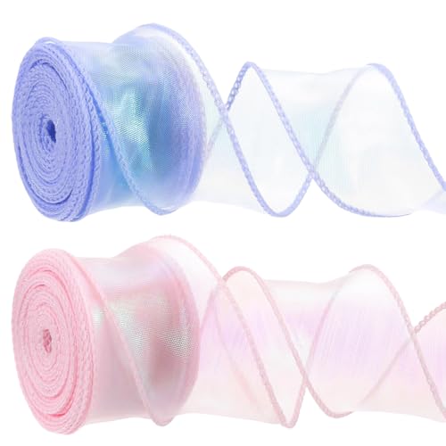 SQUISHCO 2pcs Organza Ribbon, Ribbon for Gift Wrapping, Wedding Decorations, DIY Crafts, Hair Accessories, Sakura Pink and Dreamy Purple (Pink and Purple) - Image 1