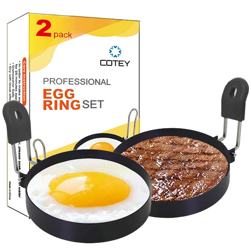 COTEY مجموعة حلقات البيض COTEY 3.5" عدد 2 مع مقبض سيليكون، حلقة كبيرة لقلي البيض، قالب دائري للمافن الإنجليزي - شكل للطهي على الشواية للإفطار - Image 2