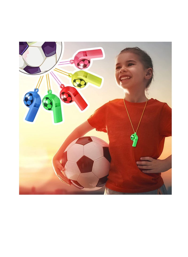 SYOSI صفارات بلاستيكية مع حبل نمط كرة القدم تدريب رياضي صفارة للأطفال صفارة للحكام المدرسة التخييم كرة القدم هدايا الحفلات، 24 قطعة بألوان عشوائية - Image 2