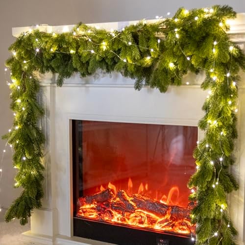 6FT Christmas Garland PARTY JOY Pine Garland with 98FT LED String Lights Greenery Plant for Christmas Decorations Table Mantle Background Wall Room Outdoor Indoor Winter Decoration