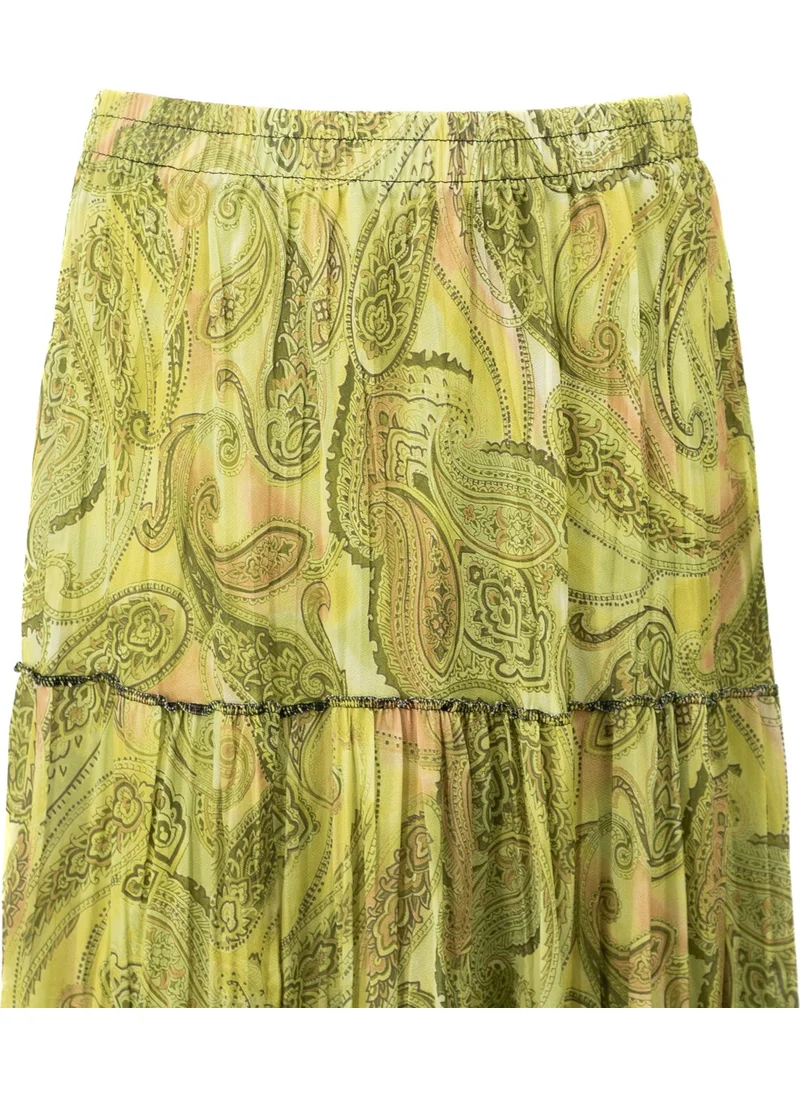 Oppland Women's Lined Chiffon Skirt Magnolia Patterned Elastic Waist Relaxed Cut Piece