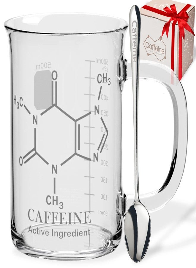 BMC Caffeine Beaker Mug 17 oz (500ml) with Metal Spoon - Chemistry Mug - Borosilicate Glass Coffee Mugs with Handle and Measuring for Coffee/Latte/Tea - Caffeine Molecule Cup - Science Coffee Mug - Image 1