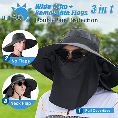 Joyblossom Super Wide Brim Fishing Hat UPF 50+ Sun Safari Hat with Removable Neck Face Flap (Black) - Image 2