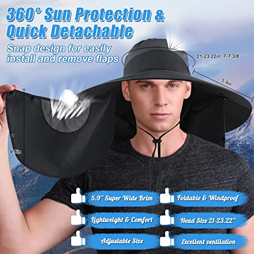 Joyblossom Super Wide Brim Fishing Hat UPF 50+ Sun Safari Hat with Removable Neck Face Flap (Black) - Image 3