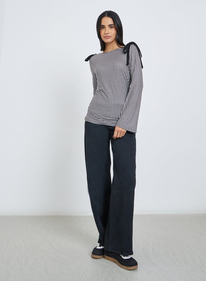 Styli Women Gingham Bow Knot Detail Blouse - Image 2