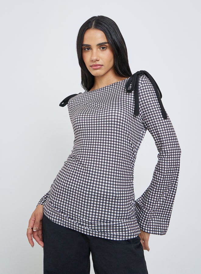Styli Women Gingham Bow Knot Detail Blouse - Image 3