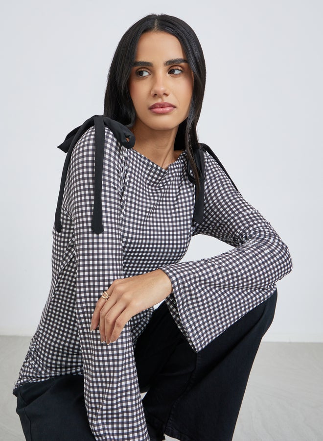 Styli Women Gingham Bow Knot Detail Blouse - Image 1