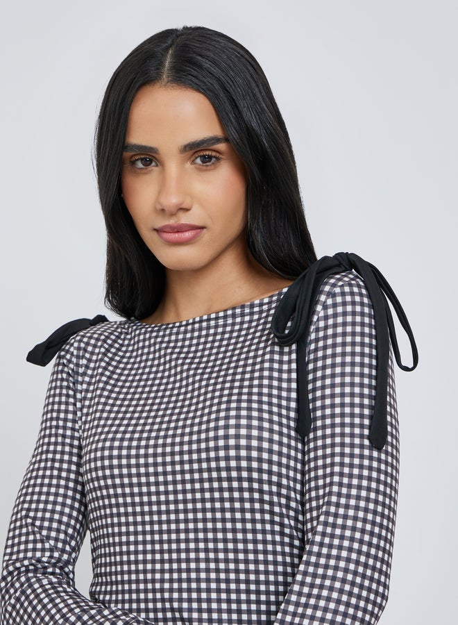 Styli Women Gingham Bow Knot Detail Blouse - Image 4