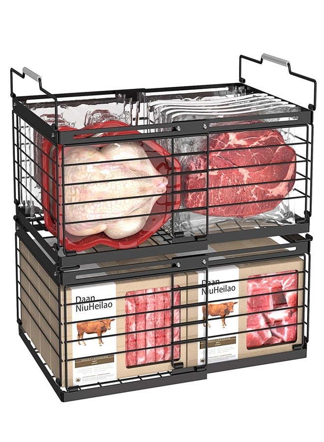 NADAMOO Freezer Organizer Bins, 2 Packs Large Expandable Stackable Chest Freezer Containers with Handle, Metal Adjustable Storage Baskets for Fridge, Deep Freezer, Cabinet, Kitchen, Pantry - Black - Image 1