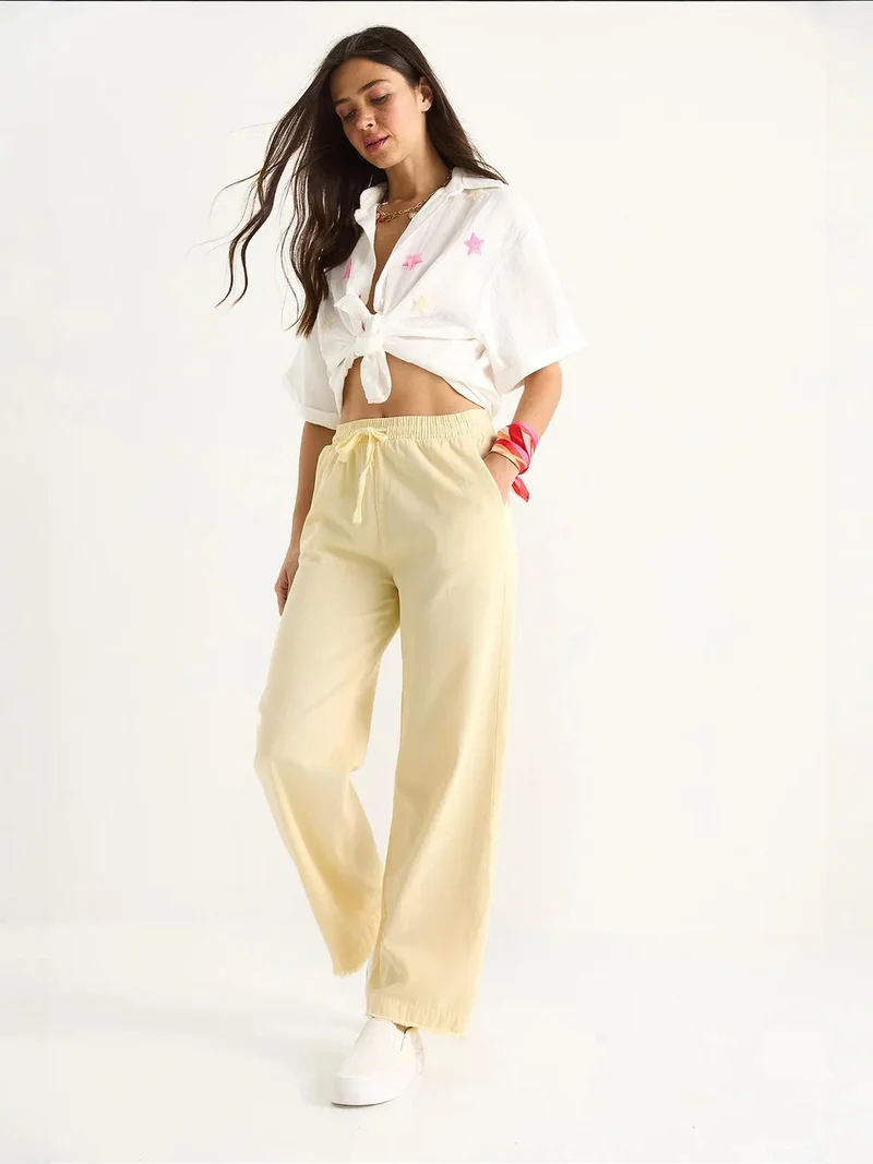 Bianco Lucci Lemon Yellow LUCCI Elastic Waist Straight Leg Pants for Women | Best Price UAE