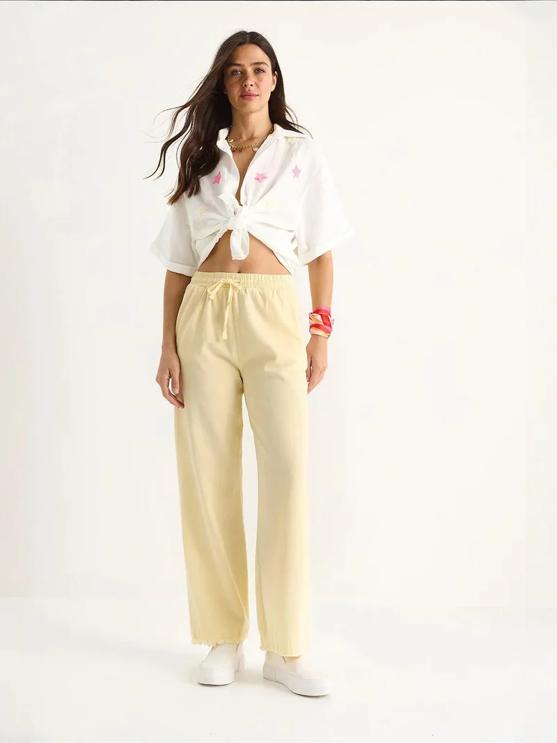 Bianco Lucci Lemon Yellow LUCCI Elastic Waist Straight Leg Pants for Women | Best Price UAE