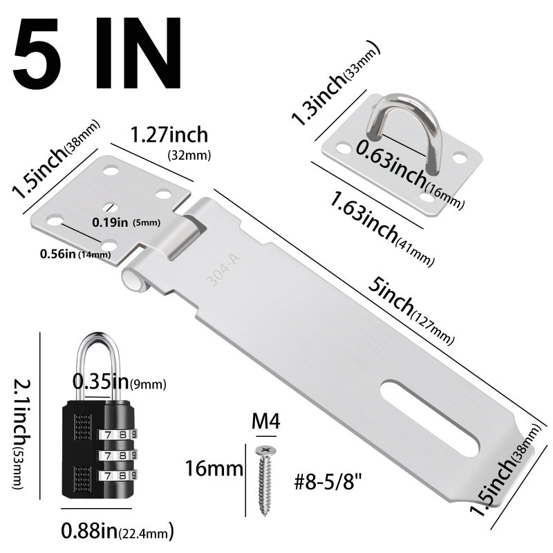 Tanbupu 2Pcs Door Locks Hasp Latch 5 Inch 304 Stainless Steel Safety Packlock Clasp Hasp Lock Latch Hinge Lock Padlock With Screws For Gates Doors Cabinets  Closets And More - Image 2