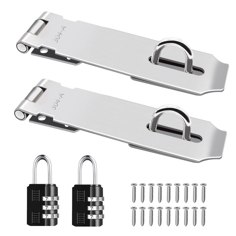Tanbupu 2Pcs Door Locks Hasp Latch 5 Inch 304 Stainless Steel Safety Packlock Clasp Hasp Lock Latch Hinge Lock Padlock With Screws For Gates Doors Cabinets  Closets And More - Image 1