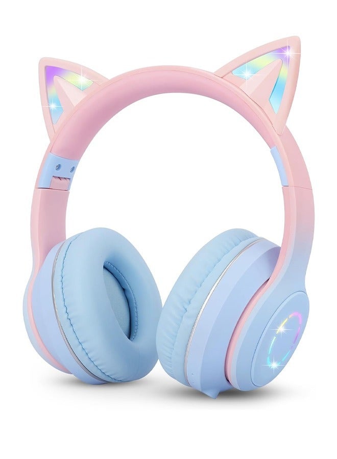 CAT Wireless Bluetooth Headphones Over Ear Cute Cat Ear Earphone with Flashing Lights Foldable Headset Built-in Mic for Kids Girls Boys Adults Blue - Image 1