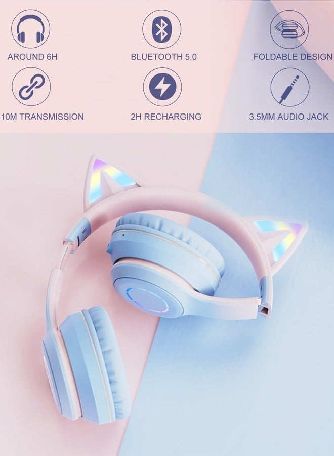 CAT Wireless Bluetooth Headphones Over Ear Cute Cat Ear Earphone with Flashing Lights Foldable Headset Built-in Mic for Kids Girls Boys Adults Blue - Image 4